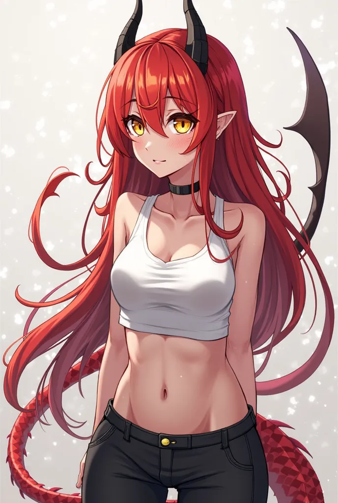 (artwork, maximum quality, best quality,  official art ,  beautiful and aesthetic:1.2)  female,  dragon girl from anime , fair skin, red scales on the face,  dragon horns on the head, long red hair, golden eyes, White tank top ,  black pants,  tail.
