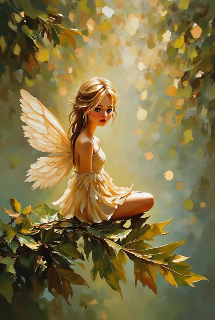 Impressionist painting style with soft brushstrokes and dreamlike quality capturing a delicate fairy with translucent wings seated gracefully on a large oak leaf in a peach and olive color palette. The fairy has luminous skin with peachy undertones and wea...