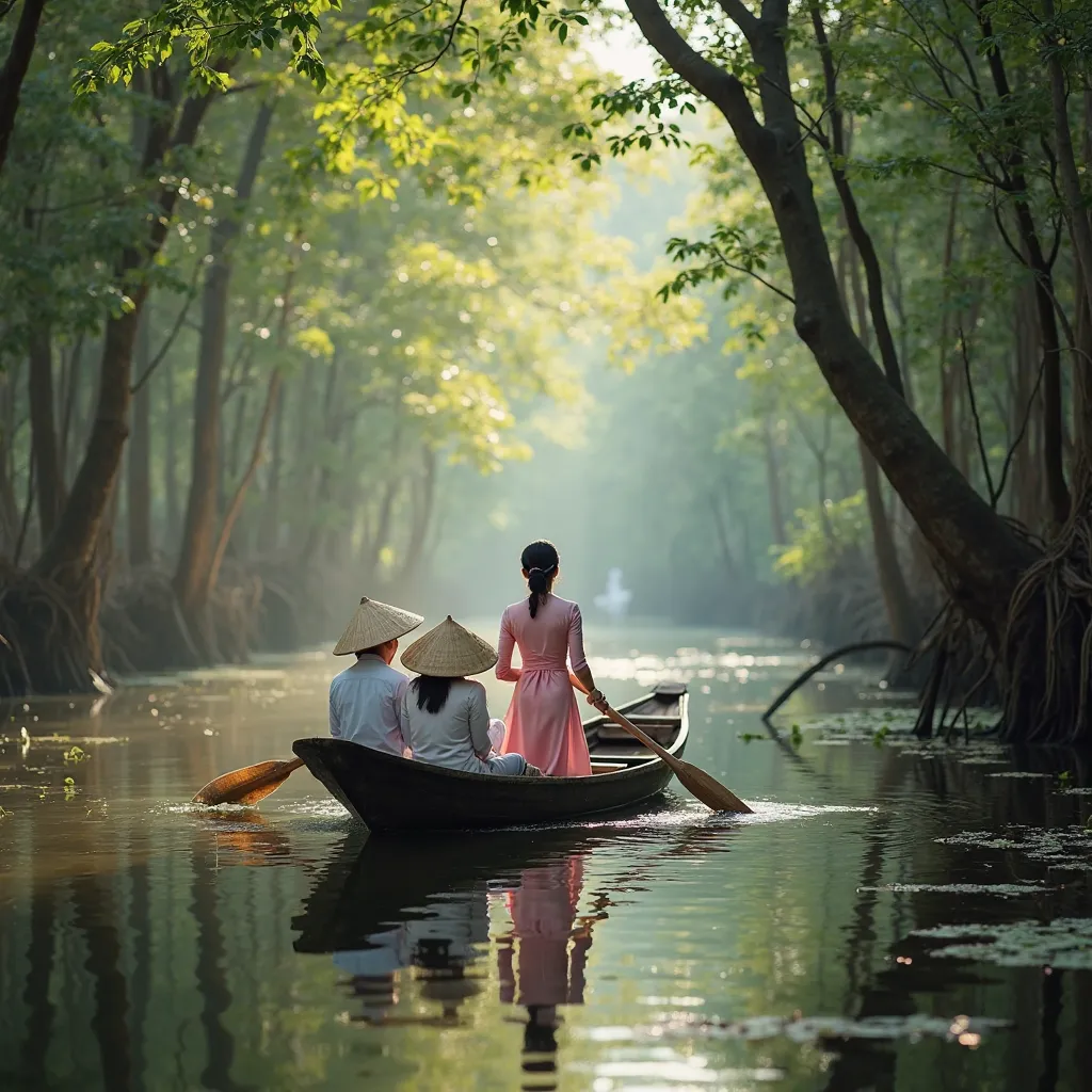 A traditional wooden boat gently glides through a tranquil, tree-lined canal in the Tân Lập forest. A young woman with a pure, serene beauty is rowing the boat, dressed in a traditional Vietnamese áo dài in soft pink and lotus petal hues. Two travelers, we...