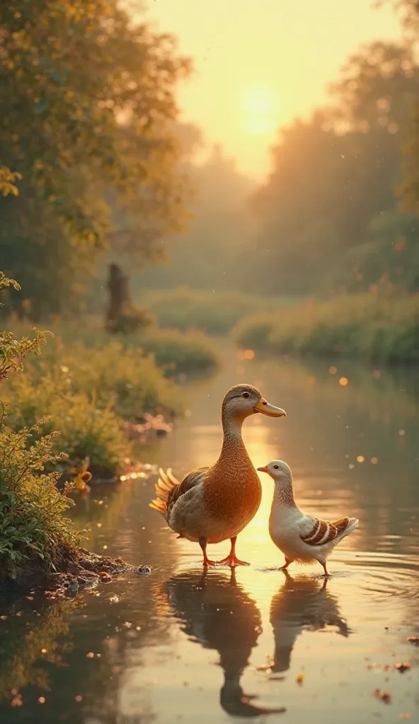 The golden feathered duck and pigeon walk together toward a calm pond, carrying small clay pots. The sunset casts a golden glow on the water, making the scene tranquil.