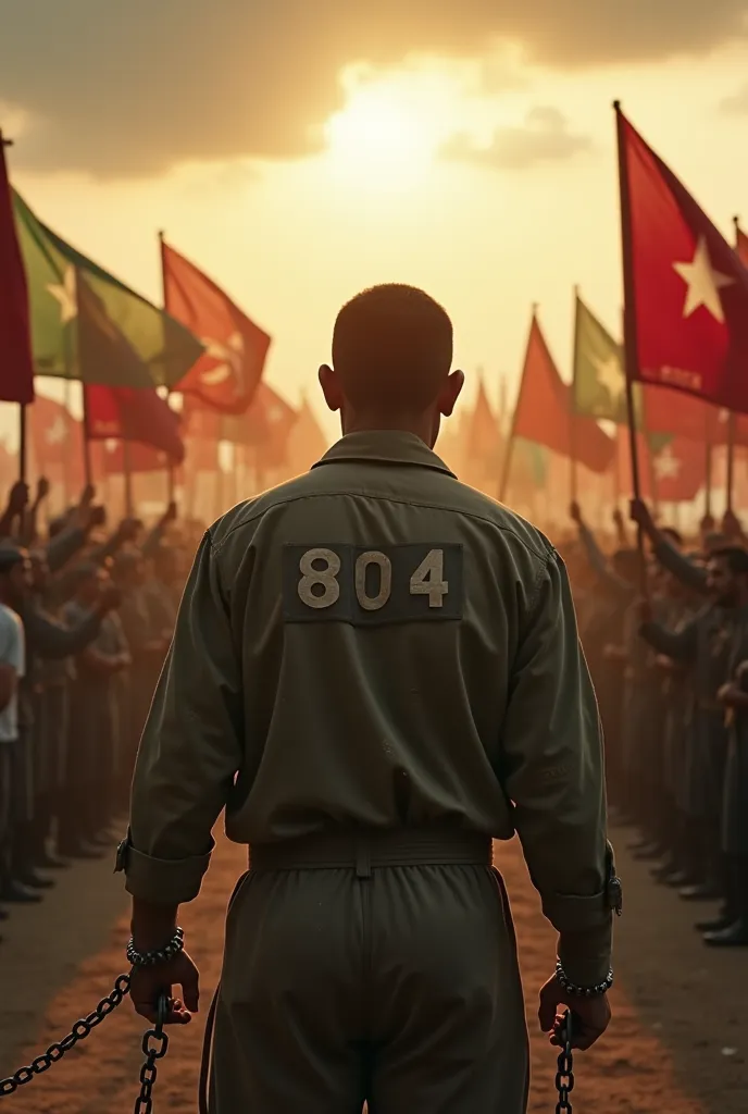 A dramatic cinematic scene of a prisoner standing in chains, facing a massive crowd waving red and green flags with a crescent and star on top. The prisoner wears a worn-out uniform, with "Dani" written on the back and the number "804" below it. The atmosp...