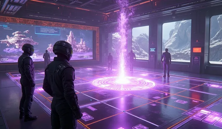 Create a wide-angle, 8K quality cinematic image rendered in the style of Unreal Engine 5, depicting a futuristic meeting room. The room features a purple holographic display emerging from the floor and extending up to the ceiling, filling the space with de...