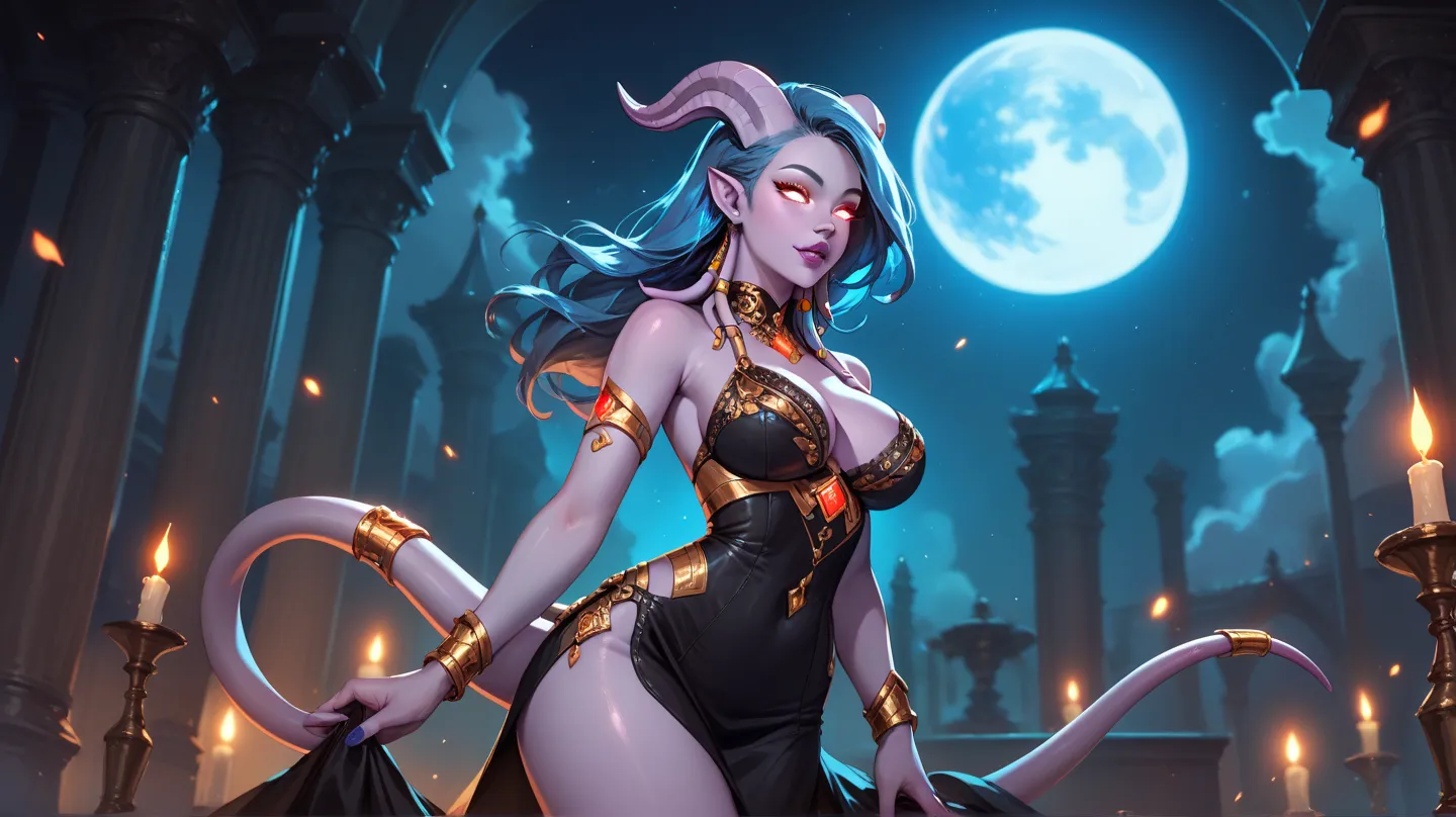 beautiful draenei curvy, purple skin , with long blue hair, red glowing eyes, wearing silver jewelry, wearing a sexy black short dress 
Standing in dark room 
Behind her, the full moon appears in gold color.