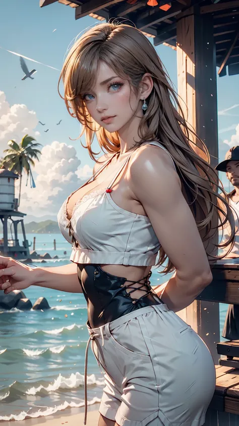 ( very detailed and high quality illustrations ),(Best lighting and shadow effects, super realistic), strand, young woman with light brown skin and short, light gray hair, Gazing thoughtfully at the sea,、blue sky、cloud、Strong sunlight、 and place your hands...