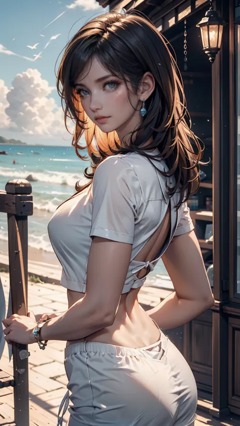 ( very detailed and high quality illustrations ),(Best lighting and shadow effects, super realistic), strand, young woman with light brown skin and short, light gray hair, Gazing thoughtfully at the sea,、blue sky、cloud、Strong sunlight、 and place your hands...