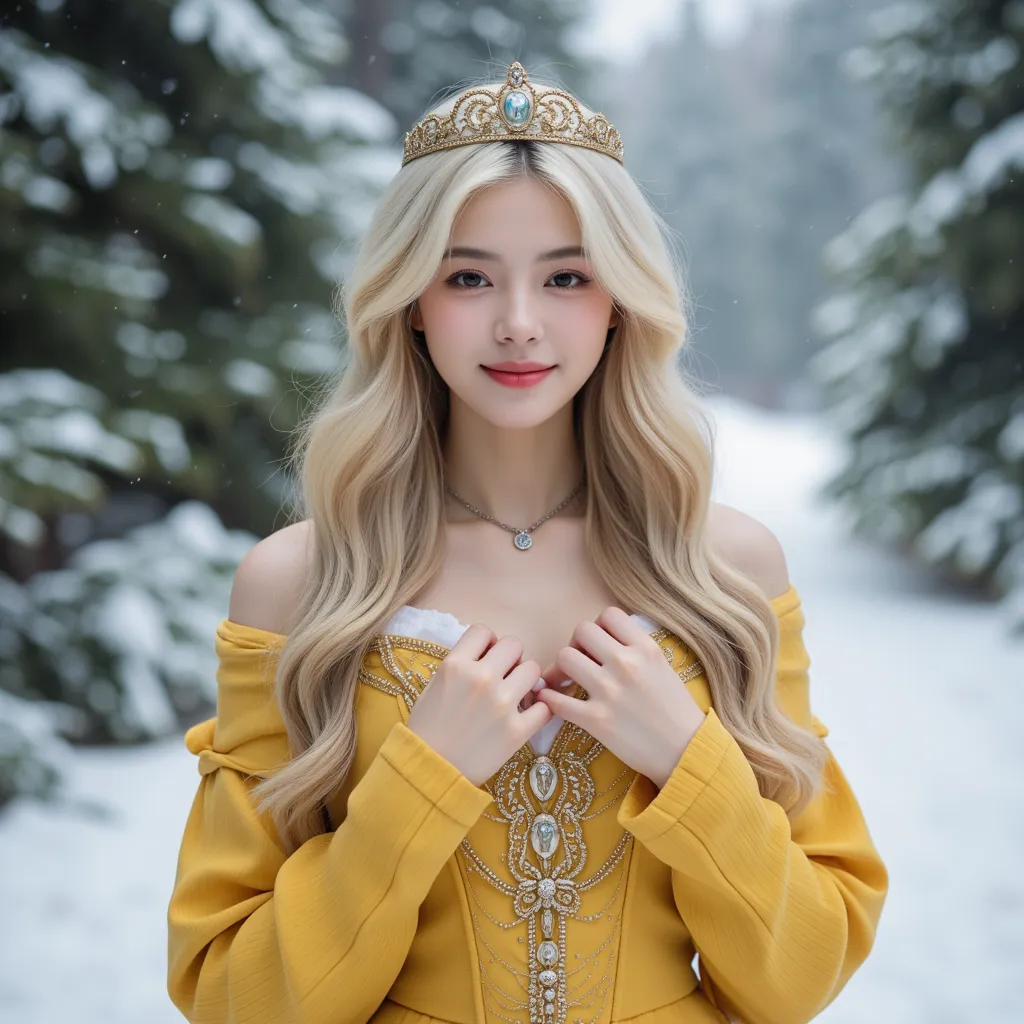 Woman, princess, princess dress, very long hair, blonde hair, wavy hair, no makeup, pink lips, facing the camera, antique European princess dress, snowy background, snowfall, castle, pine trees, pine forest, golden yellow princess dress, accessories, luxur...