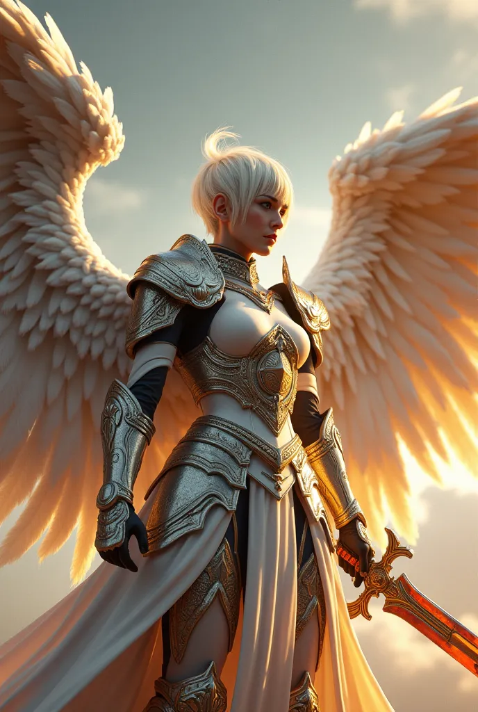 A gorgeous ager with her 4 huge wings,2 wings up , And 2 wings down big wings and long feathers,  large wings filled with feathers in the colors of her fierce armor in totally white armor  ,short hair wearing a large golden circle symbol on her chest, wiel...