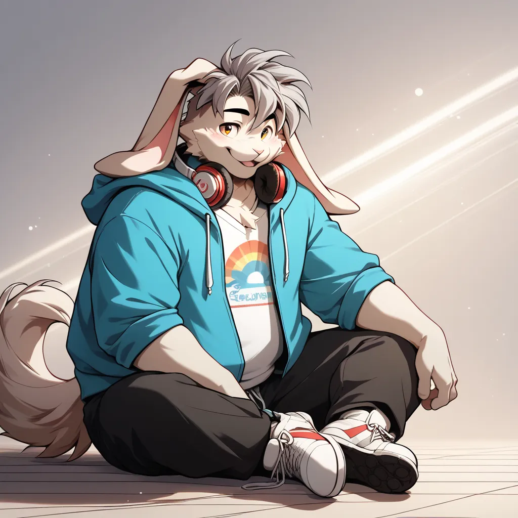 deTail background, 4K,  masterpiece,    anthropomorphic fat rabbit   ,   droopy ears ,  furry   male,  {{{{{{one boy,  male性,  alone,   furry  ,      animal ears , thick、Fat、male,  colorful contemporary style hoodie, Front   , big , Tail, full body,     he...