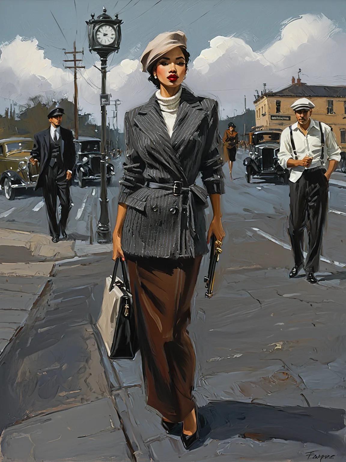 
(an expressive painting:1.3) by (Fabian Perez style:1.3) of a beautiful, very attractive , hourglass confident body shape , naked mulatto woman , A striking  scene exudes a vintage  aesthetic, showcasing a well-dressed pair leaning casually against a clas...