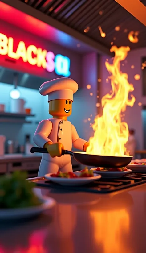 Roblox Chef Cooking in a Bustling Kitchen
A Roblox chef, dressed in a white uniform and hat, flips a flaming pan in a busy restaurant kitchen. Ingredients fly mid-air, steam rises from pots, and neon signs reflect on the polished countertops. Ultra HD, mac...