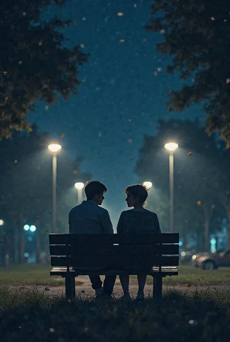 A square bench under the soft light of the poles at night. Two young people in love are sitting next to, looking at each other with nervousness and affection. They're hidden, afraid to be discovered. The setting has a nostalgic air, with leaves falling sof...