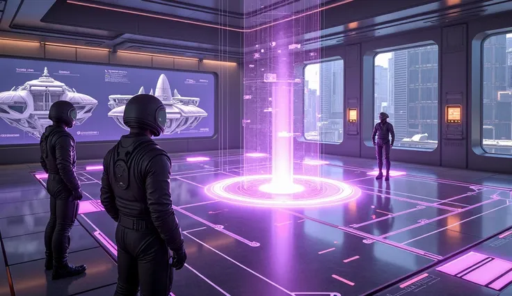 Create a wide-angle, 8K quality cinematic image rendered in the style of Unreal Engine 5, depicting a futuristic meeting room. The room features a purple holographic display emerging from the floor and extending up to the ceiling, filling the space with de...