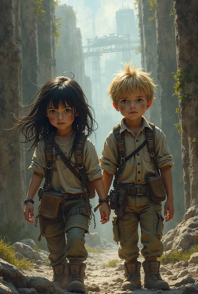 screenshot of maze runner of a girl of dark hair with a boy of short and blond hair, both of them wearing survival clothes