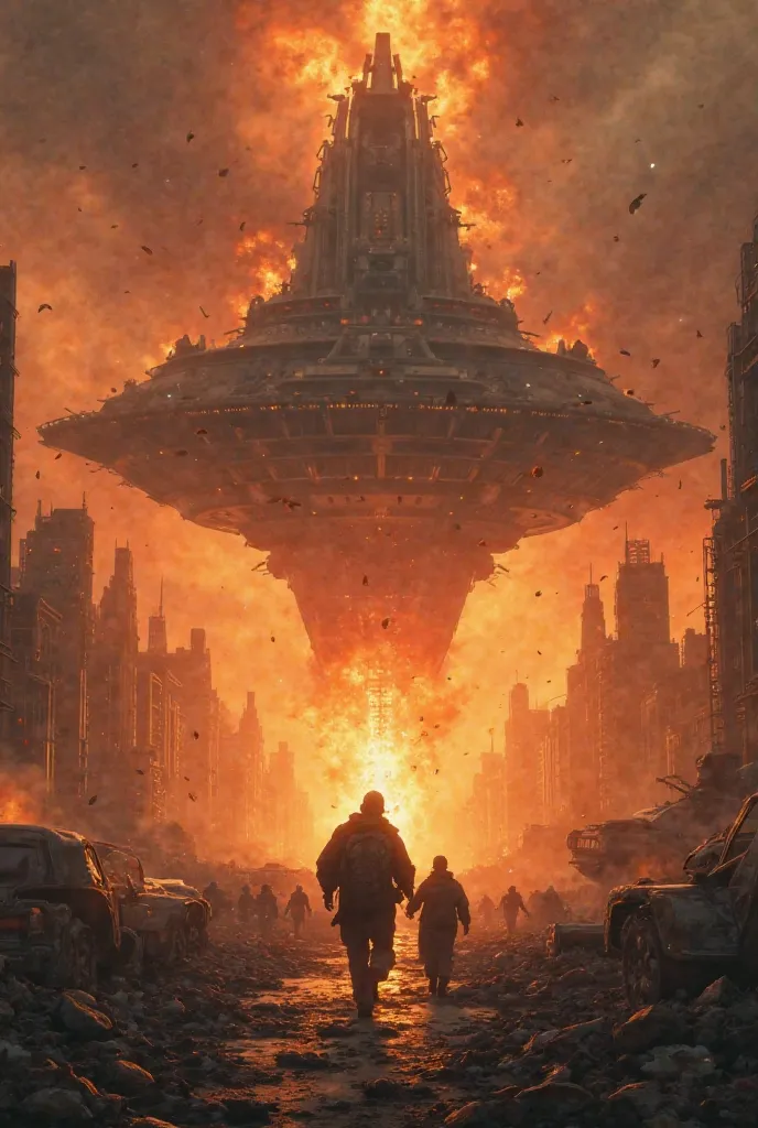 A futuristic city on fire, with huge ships evacuating the last survivors