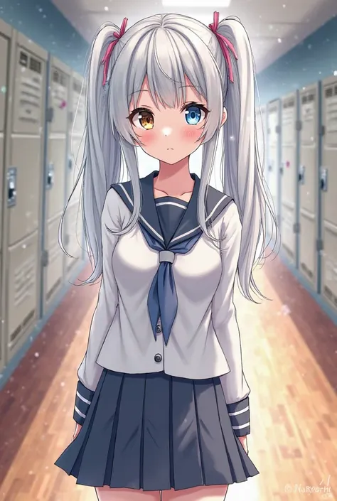 silver haired twin tail odd-eye beautiful girl uniform school hallway background anime illustration