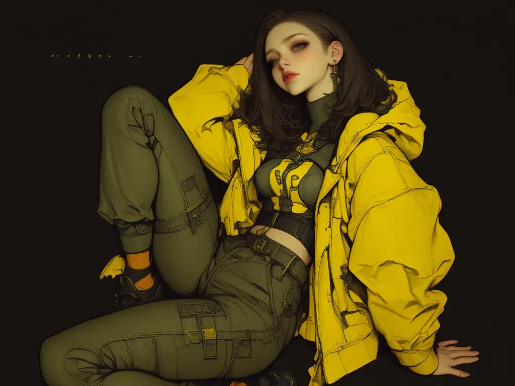    A woman dressed in olive green poses for a photo shoot,     photo of a woman in a tech costume    ,     cargo pants .     cyberpunk city, yellow space suit, yellow mono,  the main character's woman , 20 Years of Cyberpunk.  GIRL MODEL     , 3D rendering...