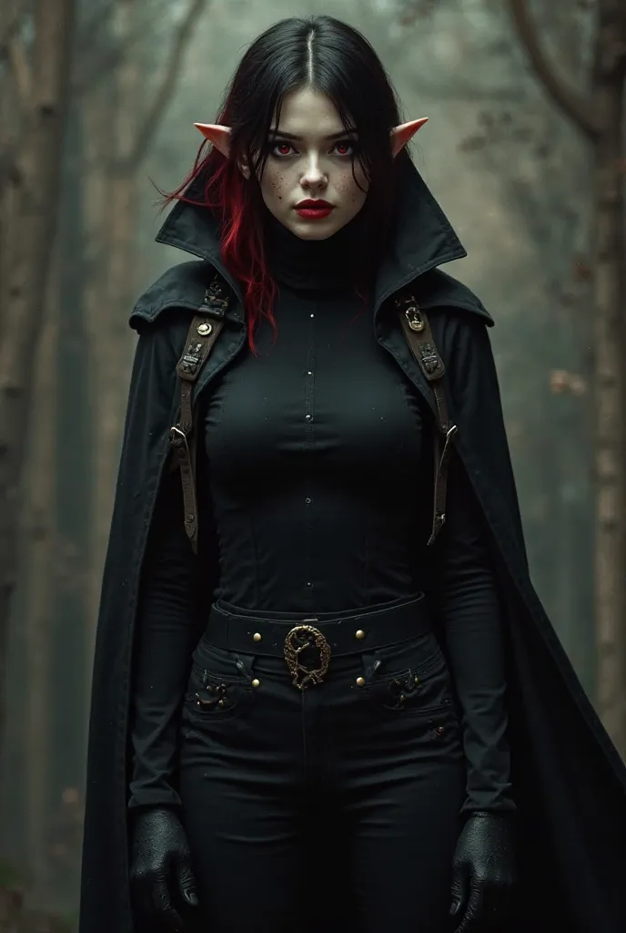 Create a movie poster in a medieval style featuring a red-eyed female vampire, pale, black hair with red highlights behind the back of the neck, pointy ears, sardines under the eyes and on the nose,  black turtleneck blouse, black pants and a black cloak w...