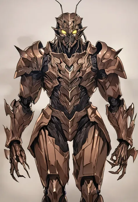 ((Highest Quality)), (Simple background), masterpiece, best quality, solo, 1male, standing, humanoid creature, zoanoid, locust, anthro, (Terraformars), muscular, heavily armored, exoskeleton, metallic black, muscular build, insectoid face, multifaceted eye...