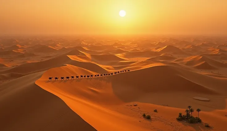 {
  "prompt": "An ultra-realistic aerial view of a vast desert at sunrise, with endless golden dunes stretching as far as the eye can see. The first light of day casts long shadows over the sand, revealing intricate wind-carved patterns. A lone caravan of ...