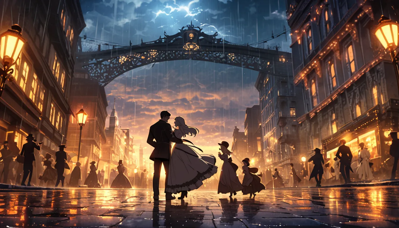 A breathtaking far-view scene of 1900s New York City on a rainy night. A couple dances elegantly in the rain under glowing vintage street lamps, their silhouettes reflecting on the wet cobblestone streets. The woman wears a flowing Victorian-era dress, gra...