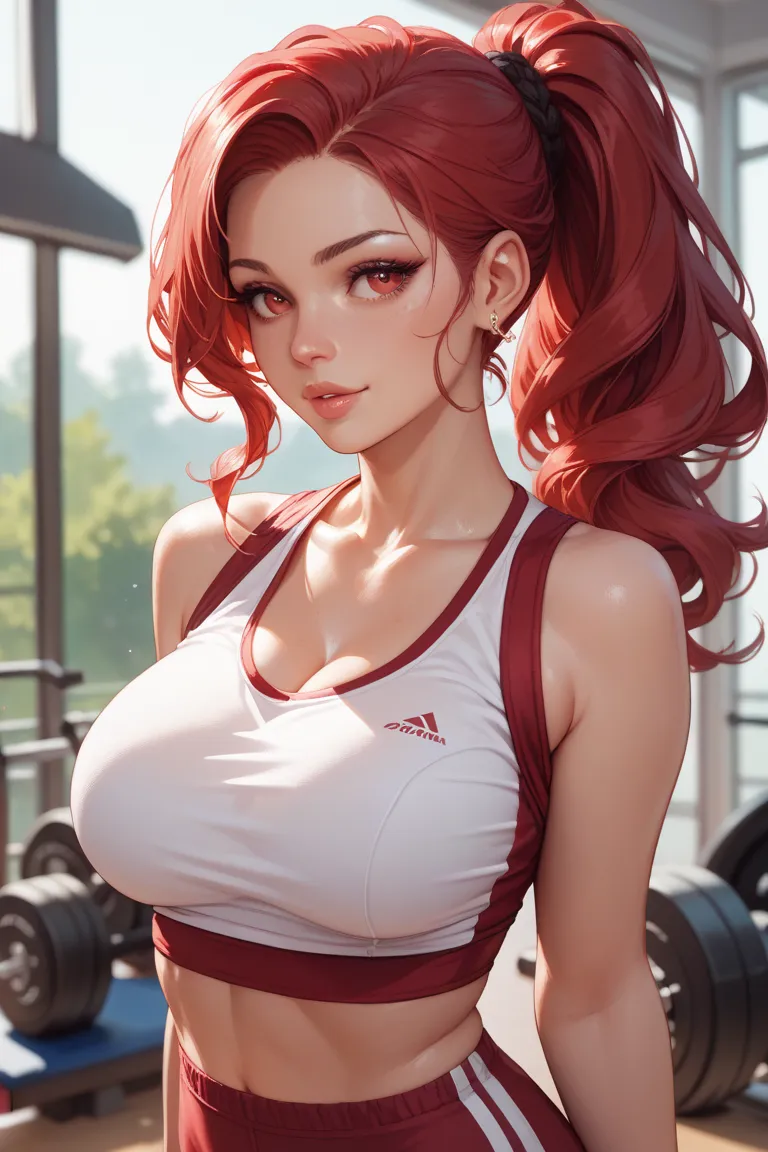 Beautiful girl with red hair, big breasts, red gym clothes, red eyes