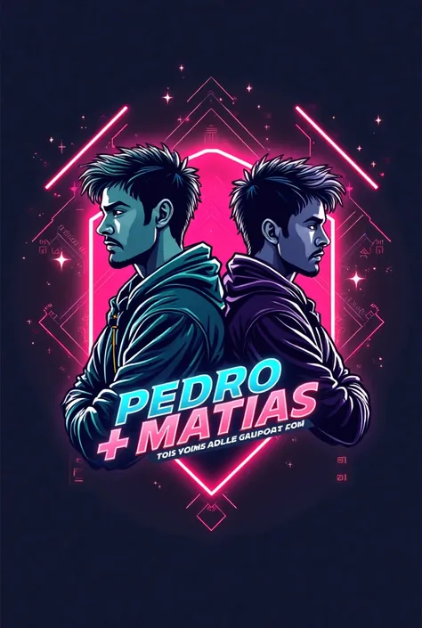 A gamer logo with a modern and vibrant style, that includes the names Pedro and Matias Gamers The style must be futuristic, with neon effects and gamer.