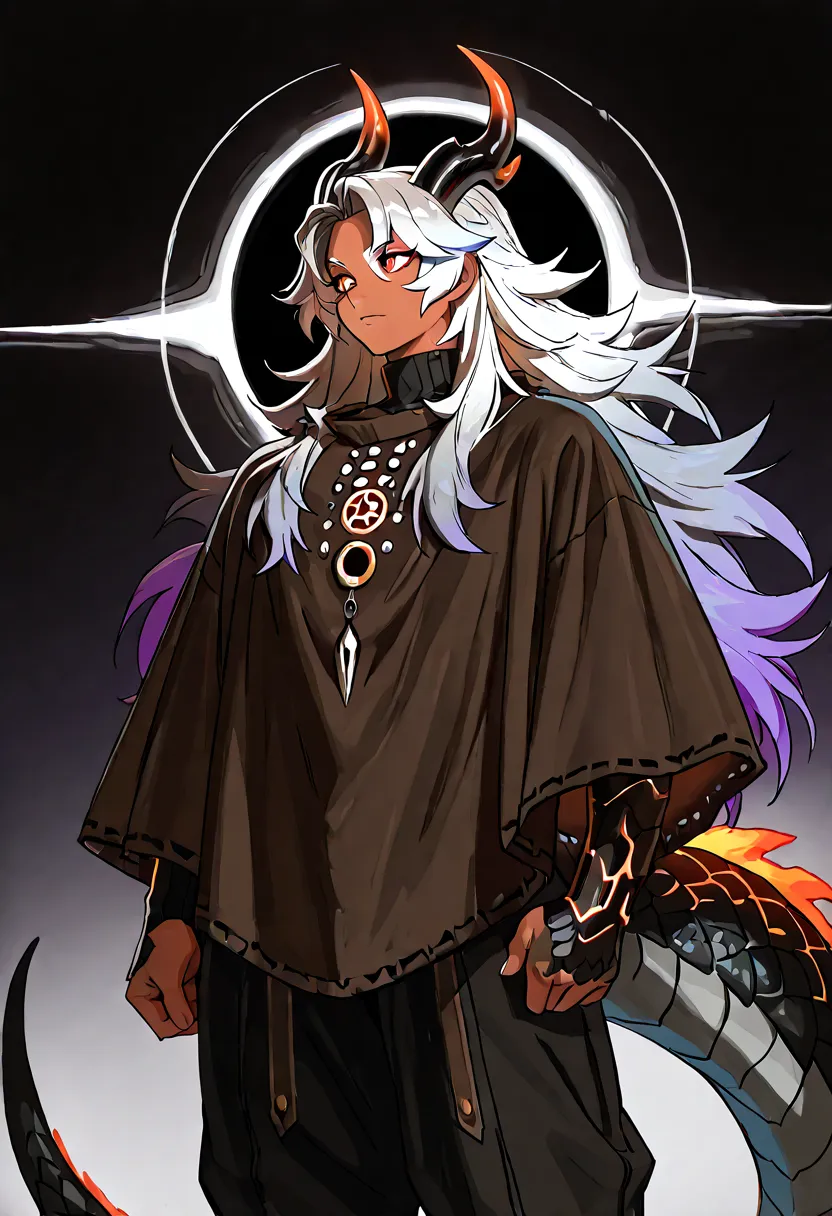 Solo, fit male, draconic person, tanned skin, gradient hair, grey hair to magenta hair tips, messy long hair, long dragon tail, gradient bismuth horns, abyssal dragon, ((gradient scales, black scales, rainbow scales)), Khaenri'ah, Natlan, Sumeru, abyssal p...