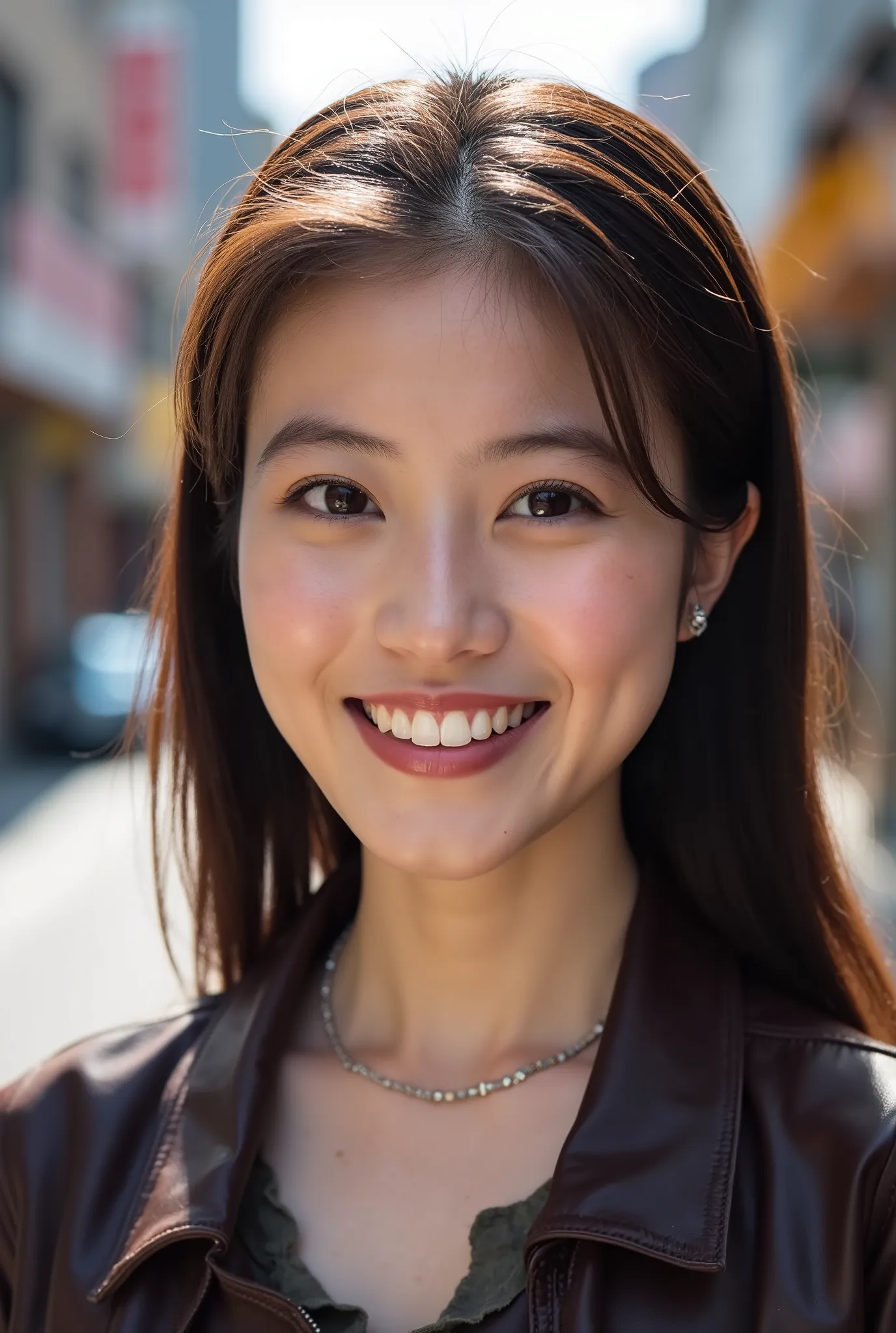 Beautiful young woman 、 Chinese women、 pale brown hair、Hairstyle Semi Long、、Necklace around the neck、、leather jacket、shirt、smile, Beautiful teeth alignment、Highlight teeth、 Looking into the camera,The background is the town、Ear piercing

