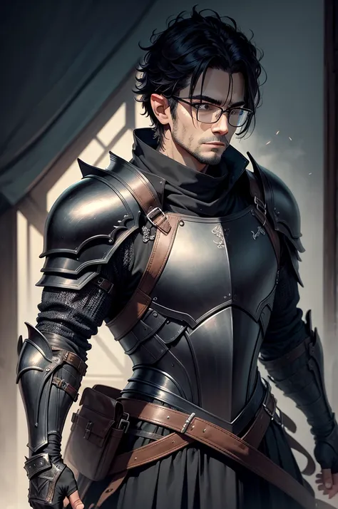 Guy in glasses wearing black clothes, black leather armor, fighter