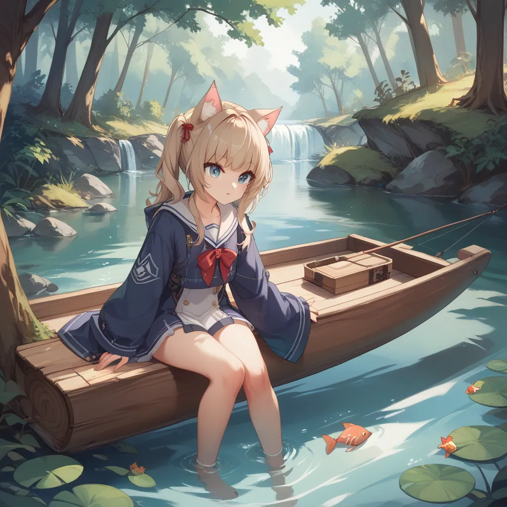 Girl with cat ears 、cute、fishing、Moose Sleeve、 Long Sleeve、river、forest、Sit on a fallen tree trunk、Have a rod、Look at the surface of the water