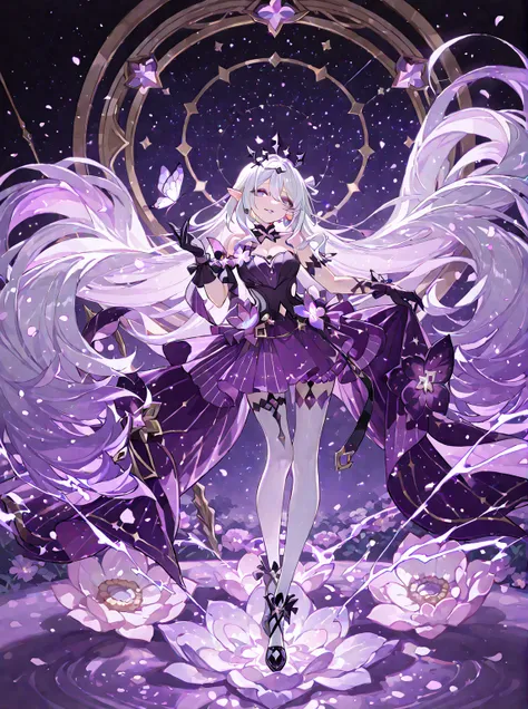 Castorice_HonkaiStarRail. palid skinned adult woman slanted purple (margin-collor) eyes and white pupil, lips serius, elf ears, bright white shoulder-lenght straight white hair and back long hair violet locks, She uses a black crown with purple little gens...