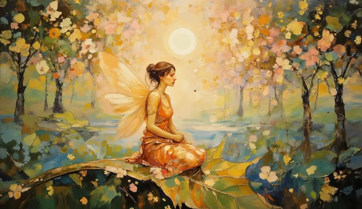 Monet-inspired impressionist style with visible brushstrokes and vibrant color play depicting a fairy with gossamer wings sitting cross-legged on a large curved leaf, painted in a harmonious palette of peach blossoms and olive greens. The fairy has a lumin...