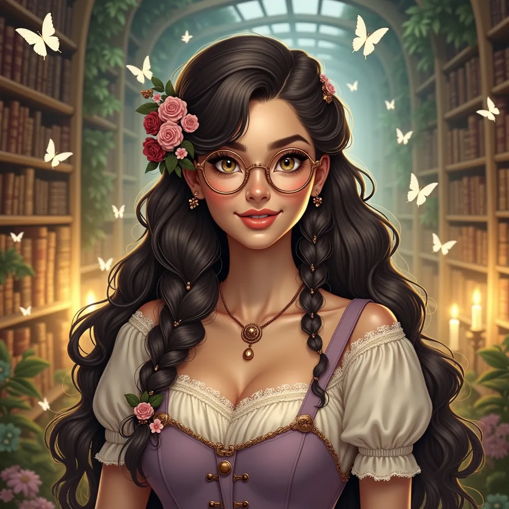 A stunning woman stands in the heart of a garden library, surrounded by shelves lined with ancient, leather-bound books. The atmosphere is whimsical and serene, blending steampunk, fairycore, and angelcore aesthetics. Her curvaceous, hourglass figure is bo...