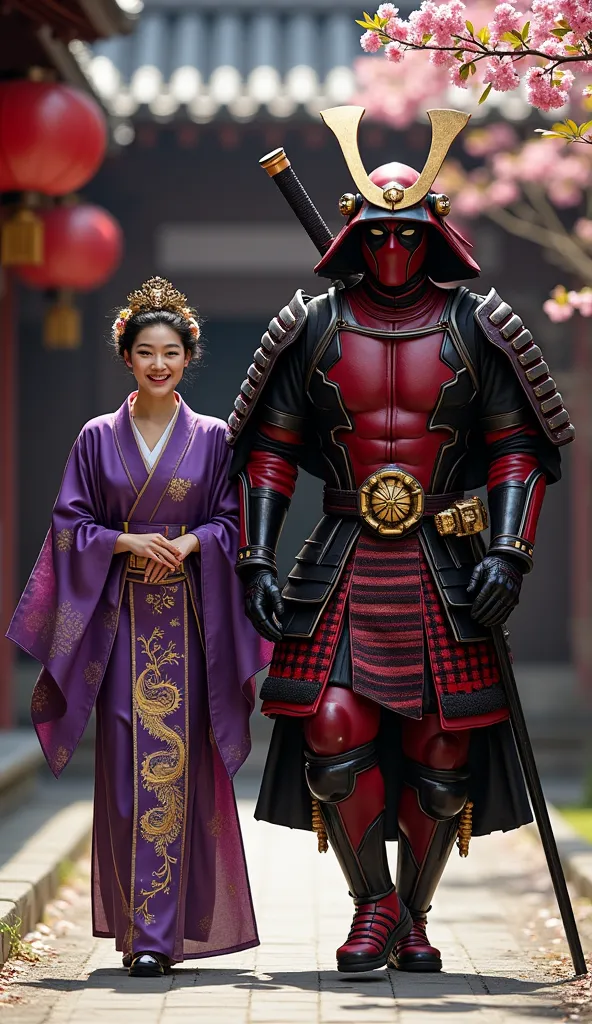  Character:

Deadpool wears a body suit red and black, paired with black and gold Japanese samurai war armor. His helmet has a distinctive kabuto horn, and chest plate decorated with sunrise symbol.

Empress wearing purple silk kimono with gold dragon embr...