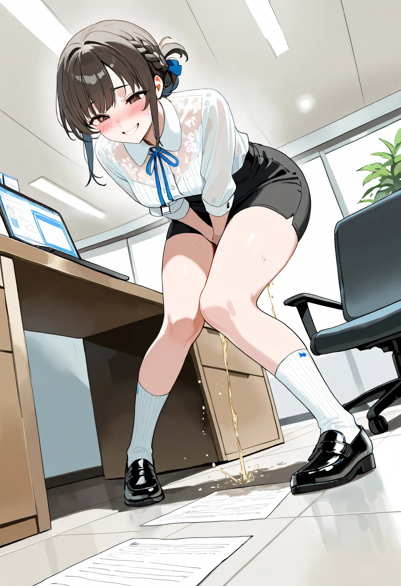 round ecstasy face, blush, shame smile, receptionist, see through lacy blouse with (erect nipples:0.8), masturbation, (socks and shoes:1.2), (standing:1.4 and spread thighs and knees) like (squatting:0.6) stance, bending knees, floor, CNC, angle from below...