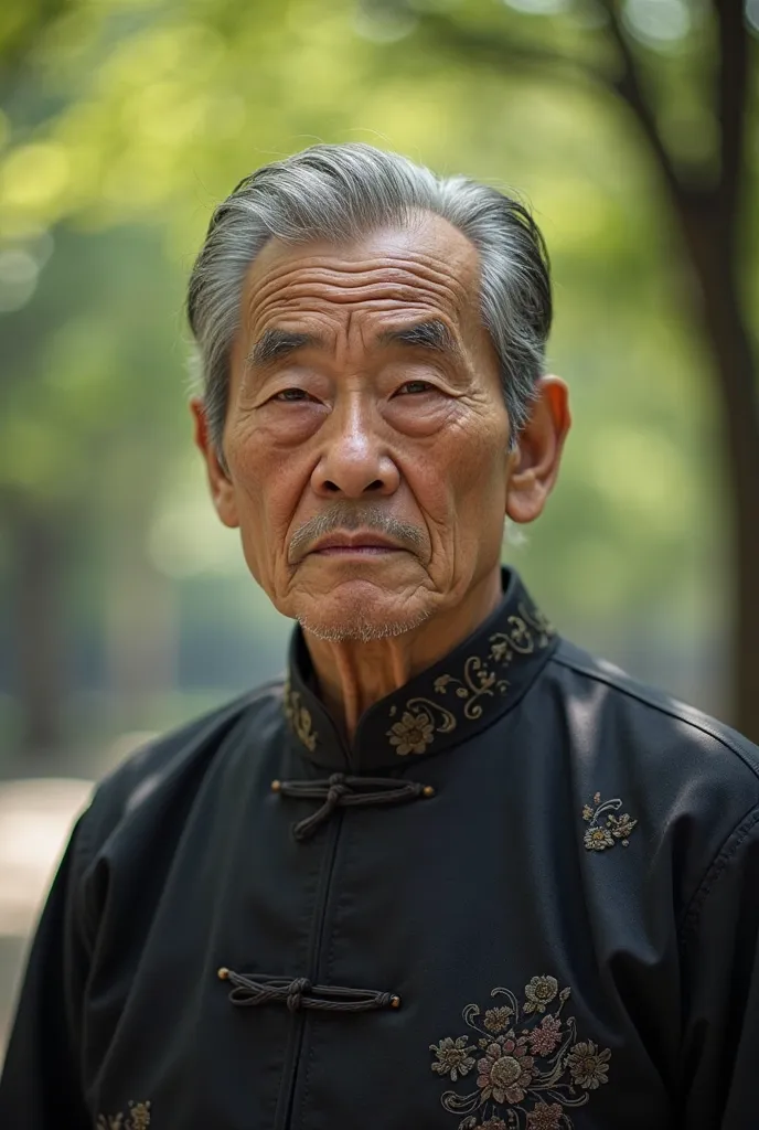 A highly detailed, realistic half-body portrait of a Chinese elderly man (60-70 years old) standing in a lush green park during daytime. He has deep wrinkles, gray hair combed back, sharp facial features, and slightly furrowed brows. His serious gaze is di...