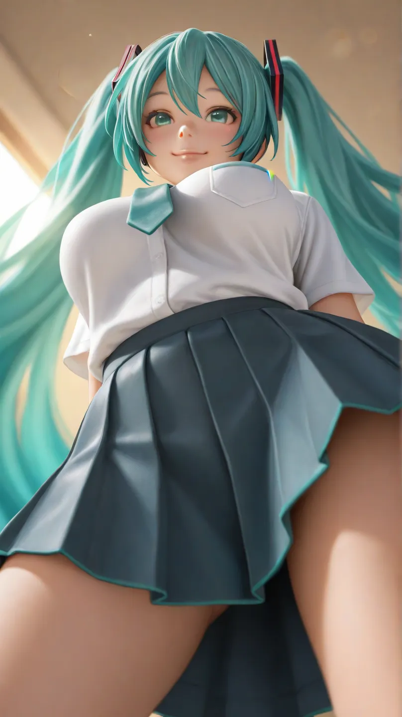 Top Quality,Hatsune Miku, high school student,,uniform,smile,Big Breasts,miniskirt,angle viewed from below,realistic,4K,HDR,Extremely fine,Professional,Brilliant Colors,Bokeh,fantasy art,Good quality lighting,natural light