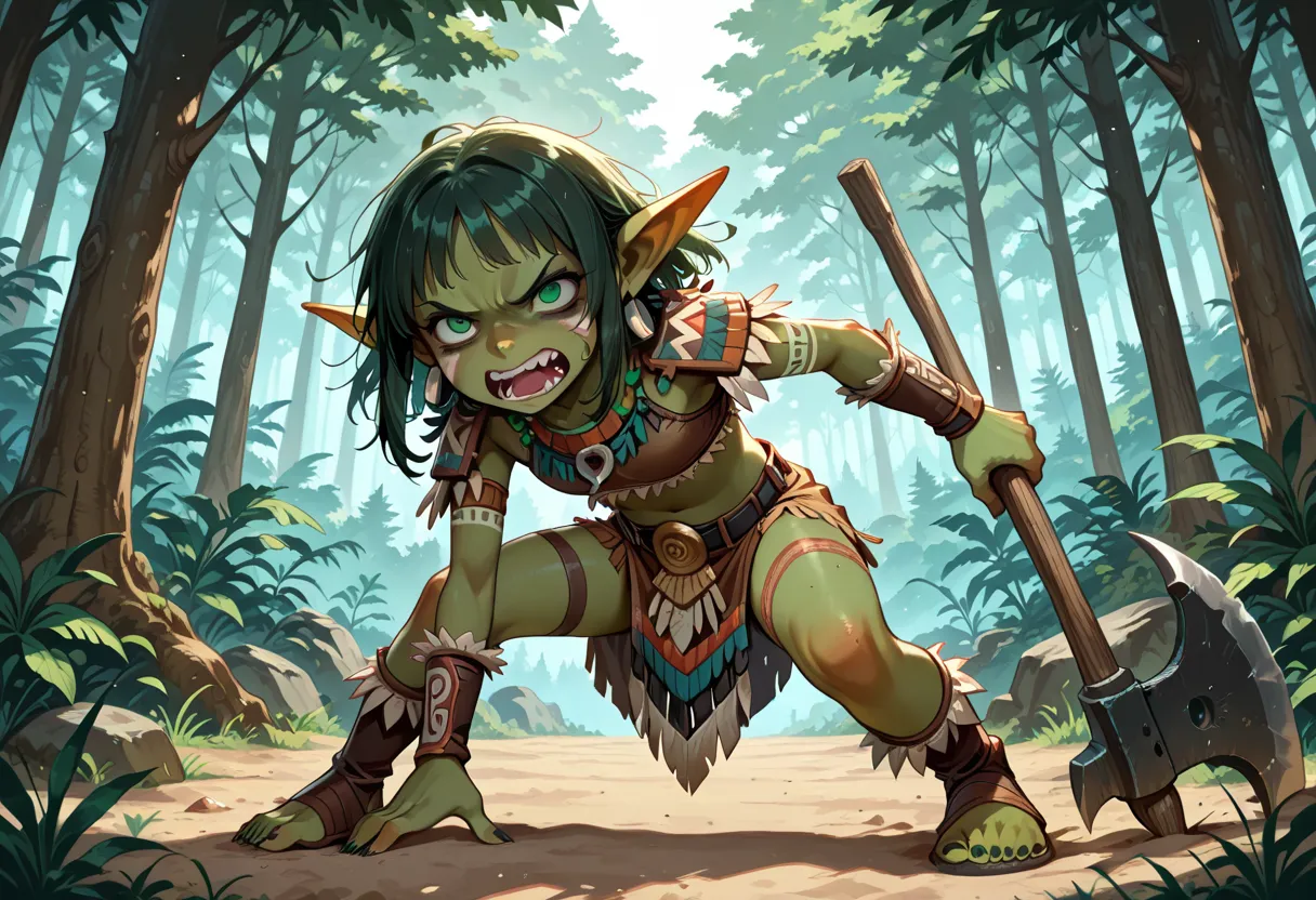 Goblin, tribal, forest, leather clothes, female gobling, demonic looking, petite, small, aztec, aztec armor, solo, green skin, open mouth, full body, axe, dead eyes, green eyes, angry, no hat