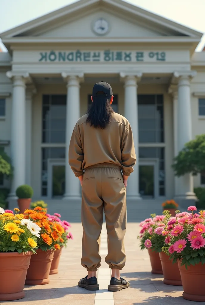 (photorealism:1.2), a Korean man with long hair, black cap, light brown shirt, light brown trousers, black leather sandals, standing in front of a large building, the sign board says Kantor Lurah RR, bunga warna warni di pot 