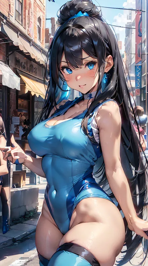 1 Female,  black hair, ,((An expression of impatience)),beautiful breasts,(((Sexy magical girl white and blue high leg bodysuit)))(())(((Blushing Cheeks、surprised expression)),((())),((( portrait))),blue eyes,((( sleeveless shirt with all bangs )))()street...