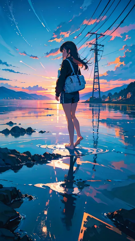 masterpiece, Exquisite detail,Highest quality, One girl, alone, handrail, cloud, buildings,Long Hair, zero, Long sleeve, Power lines, White footwear, Black Hair, Electric pole, bangs, cloudy zero, fish, bird, Green Eyes, Shorts, Day, Black Shirt, barefoot,...