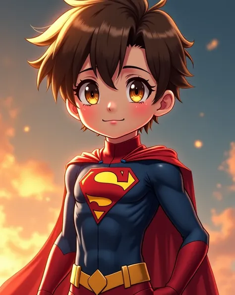 An original character concept of a young boy with rich brown hair cascading over his golden eyes in bangs, possessing a femboy physique accentuated by a prominent posterior. He exudes an effeminate charm, clad in snug superhero costume that accentuates his...