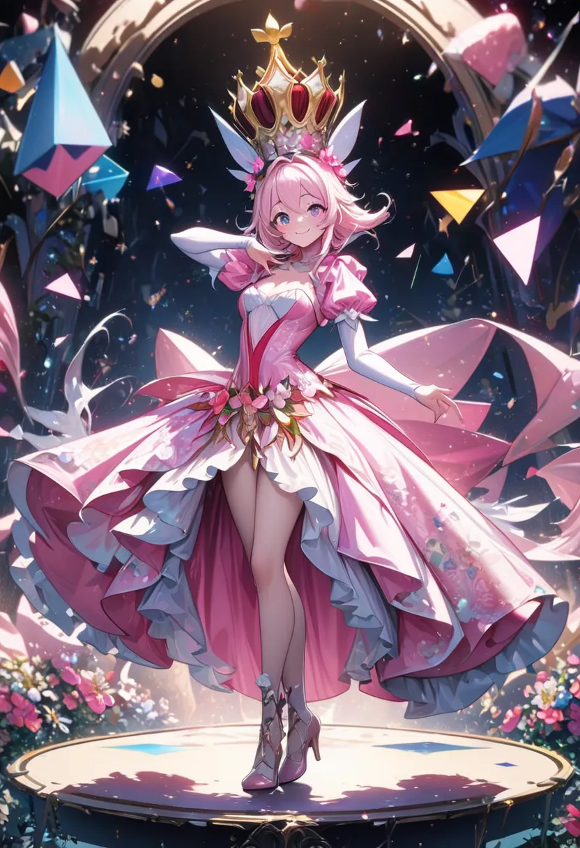 ((Carafes in pink dresses and hats with flowers, girl in floral clothing, smiling as fairy queen, full body in costume, alice attends mad tea, cute core crown core, dark cute, wearing pink floral chiton, wearing floral dress, female mad hatter, cute dancer...