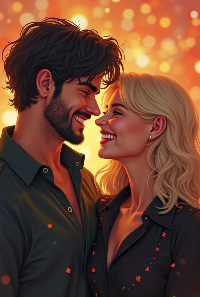 Pixer-inspired 3D poster capturing a scene with a couple in love, man 28 years old black hair, barbarian, light brown eyes, black blouse and he's smiling, woman 25 years old, Dark blonde hair green eyes, black blouse and she's smiling