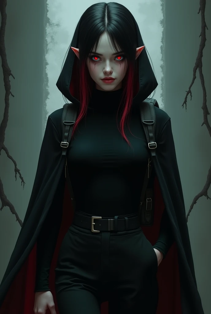 Create a movie poster featuring a red-eyed young female vampire, pale, black hair with red highlights behind the back of the neck, pointy ears, sardines under the eyes and on the nose,  black turtleneck blouse, black pants and a black cloak with a hood, an...