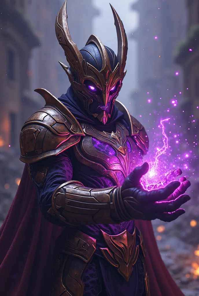 [clean background][Dark Diga as a character][Gilt Metal Chest Armor][An energy timer that emits a purple light][ dynamic fighting posture ][, hard light, dramatic side light, and][The line between light and dark is sharp][self-luminous particles penetrate ...