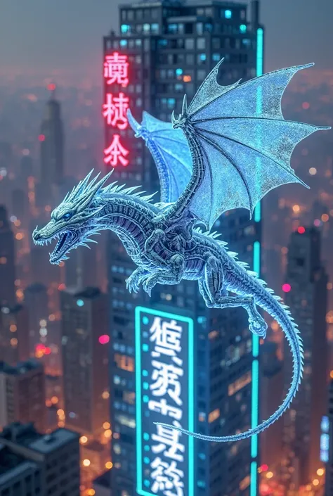 A mechanical flying dragon hovers over a vertically stacked neon city，Dragon wings are composed of transparent nanofilms and project the image，The surface of the building covers a holographic Chinese character slogan，uses ControlNet's depth map to control，...