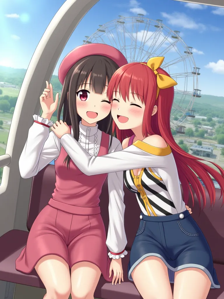 Two high school girls are hugging each other in a ferris wheel gondola
One is wearing a maroon half-up bangs, a high-necked white blouse with a ruffled collar, a pink jumper skirt, and a pink beret
One has red straight long hair with a yellow headband and ...