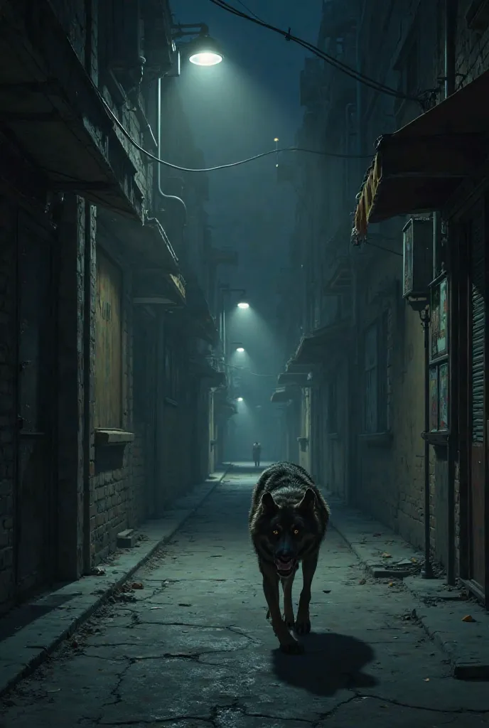 Create a scene of a dog walking on the dark street 