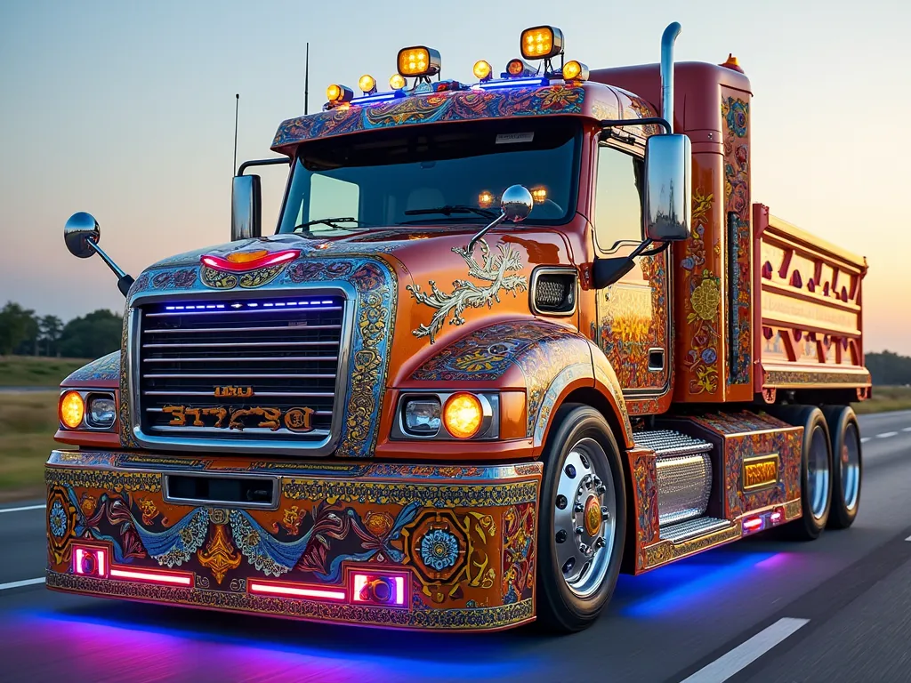 "A highly customized and beautifully modified Isuzu truck with a vibrant and intricate Thai-inspired design. The truck features a glossy, colorful paint job with elaborate patterns, traditional Thai motifs, and chrome accents. The front grille is bold and ...